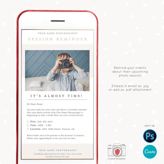 Session reminder email newsletter template for photographers, Canva, Email Newsletter Template, Photoshop, Photo session reminder template