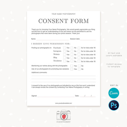Photography consent form template, Photography permission form template, Social media use, Website use, Publishing permissions clients C05