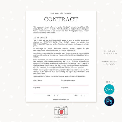 Photographer contract template, Photography Forms, Forms For Photographer, Photography Contract, Contract template, Photoshop, Canva, C05