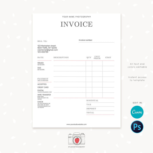 Invoice template, Printable invoice, Invoice template Canva, Photography invoice, Business invoice, Receipt template, Photography forms, C05