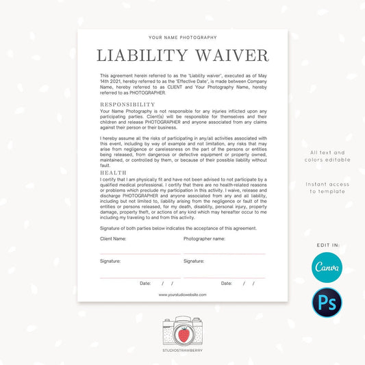 Photography Liability Waiver, Canva, Release form template, Illness Health statement, Injury release form, Waiver of liability, C05