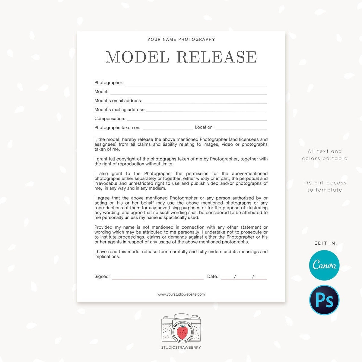 Model Release Form, Photography Forms, Model Release Forms For Photographer, Photography Contract, Templates for Photographers, Canva, C05