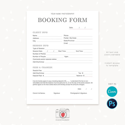 Photography Forms, Client Booking Form For Photographer, Form Templates for Photographers, Photography Contract, Sign up form, Booking, C05