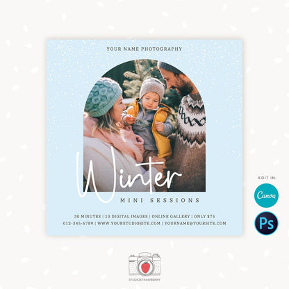 Winter Mini Session Template, Canva, Winter mini sessions, Winter photography template, Winter minis promotion, Winter marketing board