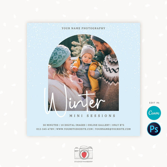 Winter Mini Session Template, Canva, Winter mini sessions, Winter photography template, Winter minis promotion, Winter marketing board