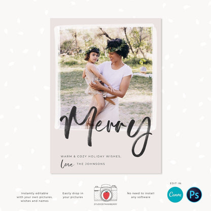 Christmas photo card template, Modern Christmas Card with Photo, Canva, Photo Holiday card, Christmas card with photo template, Merry
