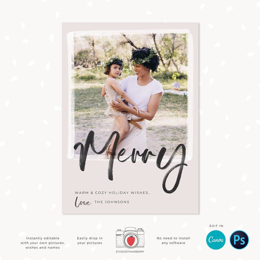 Christmas photo card template, Modern Christmas Card with Photo, Canva, Photo Holiday card, Christmas card with photo template, Merry