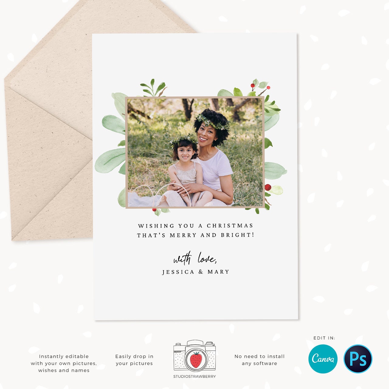 Christmas photo card template, Floral Christmas Card with Photo, Canva, Photo Holiday card, Christmas card with photo template, Merry
