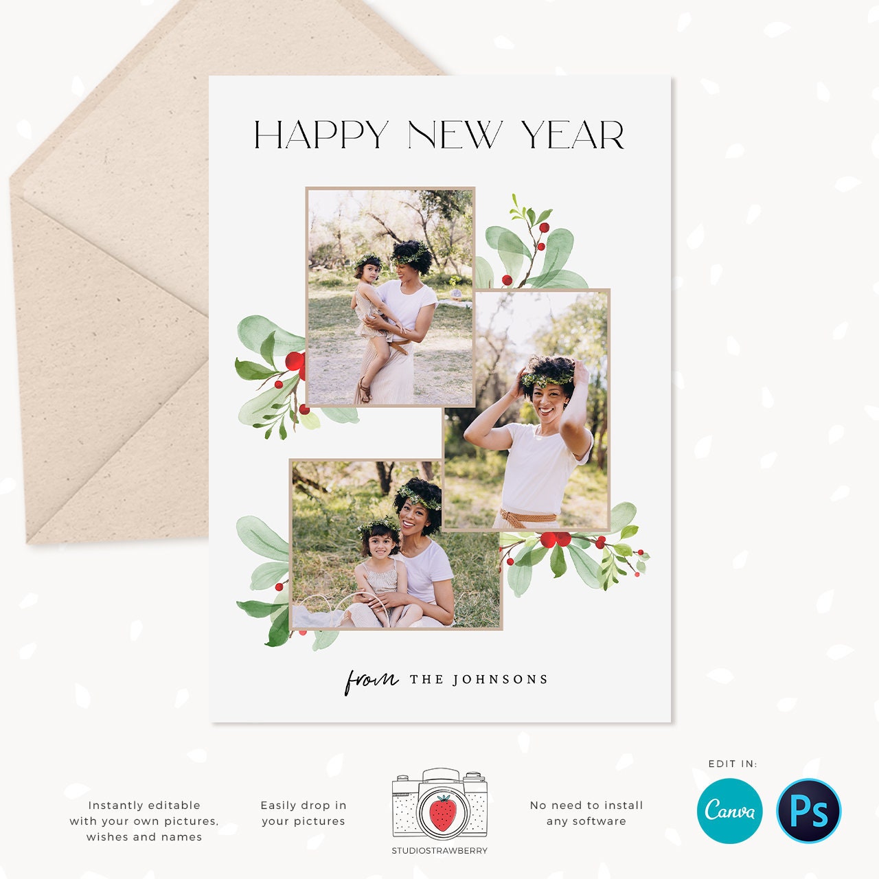Christmas photo card template, Floral Christmas Card with Photo, Canva, Photo Holiday card, Christmas card with photo template, Merry
