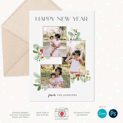 Christmas photo card template, Floral Christmas Card with Photo, Canva, Photo Holiday card, Christmas card with photo template, Merry