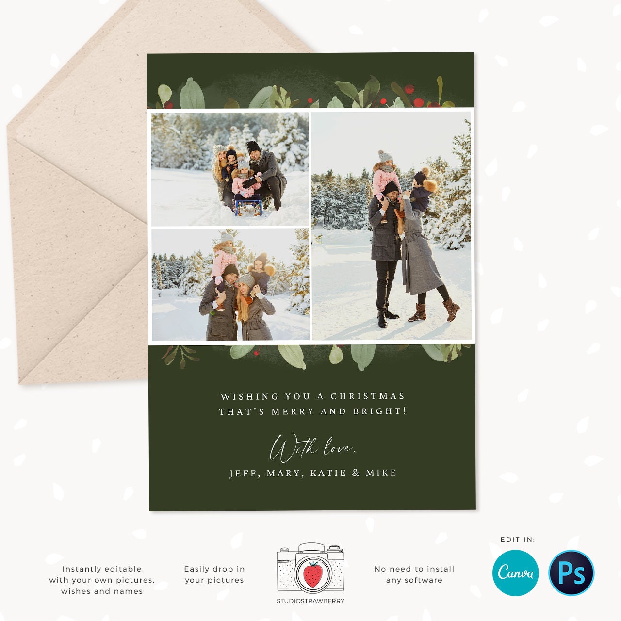 Christmas photo card template, Floral Christmas Card with Photo, Canva, Photo Holiday card, Christmas card with photo template, Merry