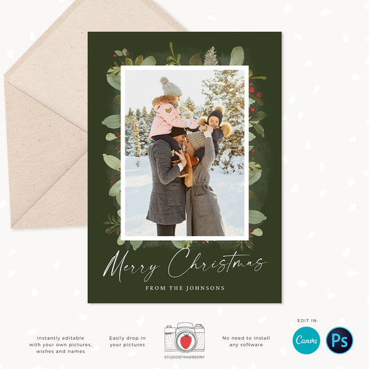 Christmas photo card template, Floral Christmas Card with Photo, Canva, Photo Holiday card, Christmas card with photo template, Merry