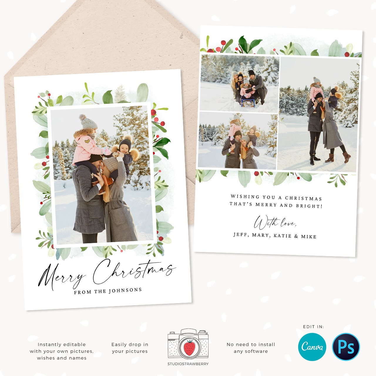 Christmas photo card template, Floral Christmas Card with Photo, Canva, Photo Holiday card, Christmas card with photo template, Merry