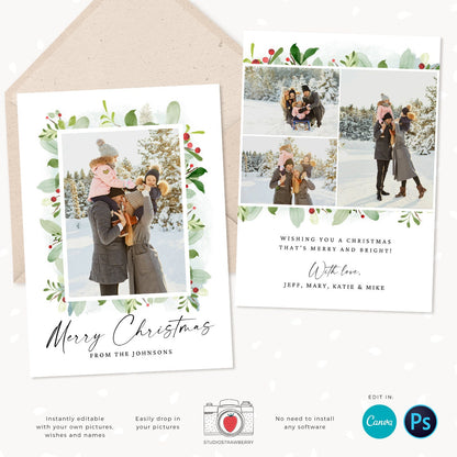 Christmas photo card template, Floral Christmas Card with Photo, Canva, Photo Holiday card, Christmas card with photo template, Merry