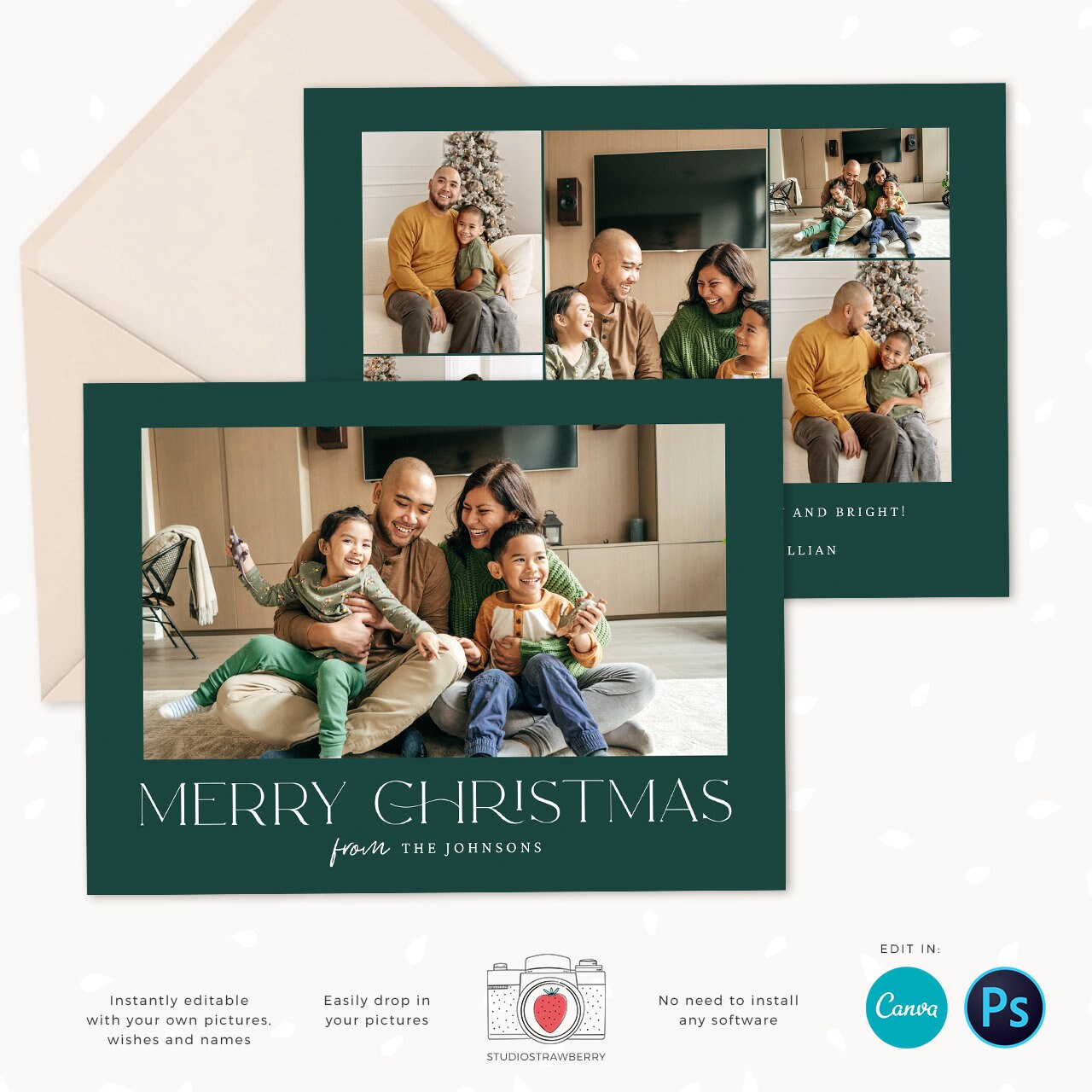 Christmas photo card template, Minimalist Christmas Card with Photo, Canva, Photo Holiday card, Christmas card with photo template, Merry