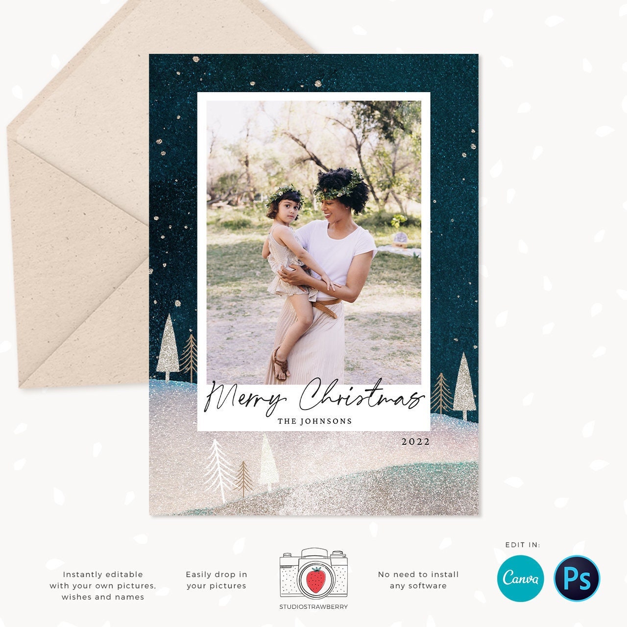Christmas photo card template, Christmas Card with Photo, Canva, Photo Holiday card, Christmas card with photo template, Merry Christmas