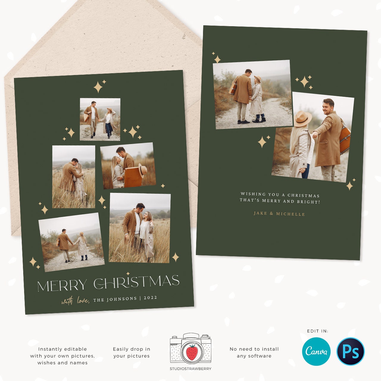Christmas card template "Christmas tree", Canva, Christmas photo card template, Christmas tree photo collage, Holiday card photo collage