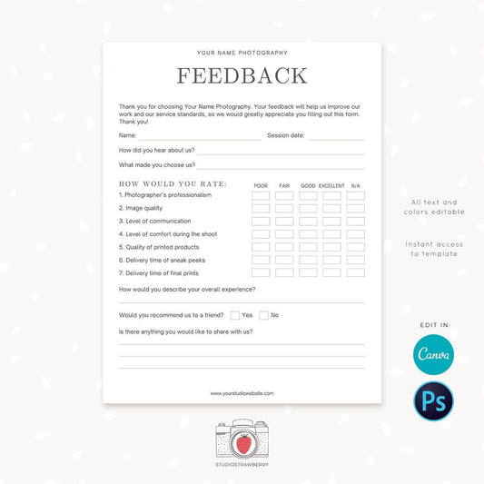 Client Feedback Form For Photographers, Customer survey template, Customer Feedback Form, Photography Forms, Templates for Photographers C05
