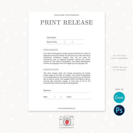 Photo print release form Letter size, Photography Forms, Forms For Photographer, Photography Contract, Print Release template, Canva, C05
