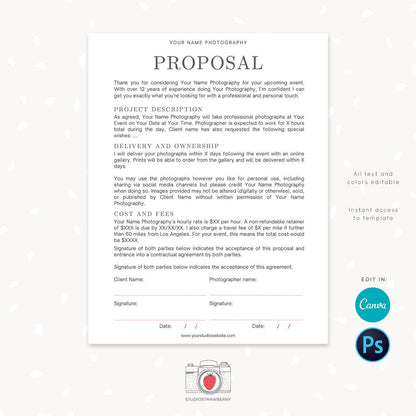 Photographer proposal template, Photography Forms, Forms For Photographer, Photography Contract, Proposal template, Canva template, C05