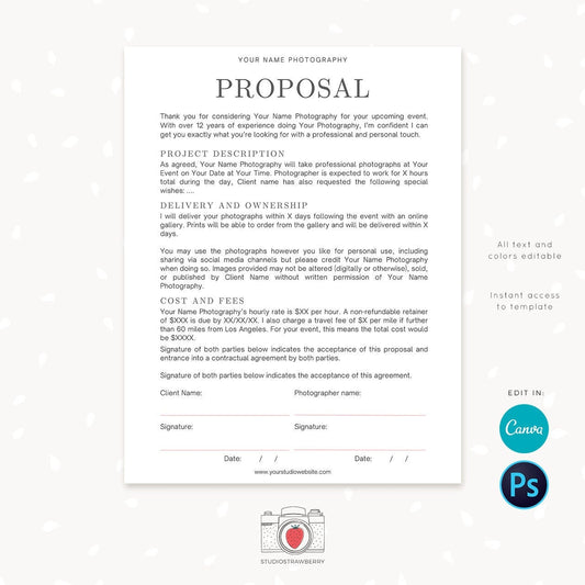 Photographer proposal template, Photography Forms, Forms For Photographer, Photography Contract, Proposal template, Canva template, C05