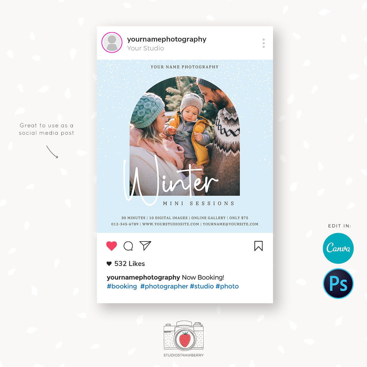 Winter Mini Session Template, Canva, Winter mini sessions, Winter photography template, Winter minis promotion, Winter marketing board