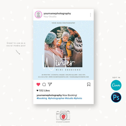 Winter Mini Session Template, Canva, Winter mini sessions, Winter photography template, Winter minis promotion, Winter marketing board