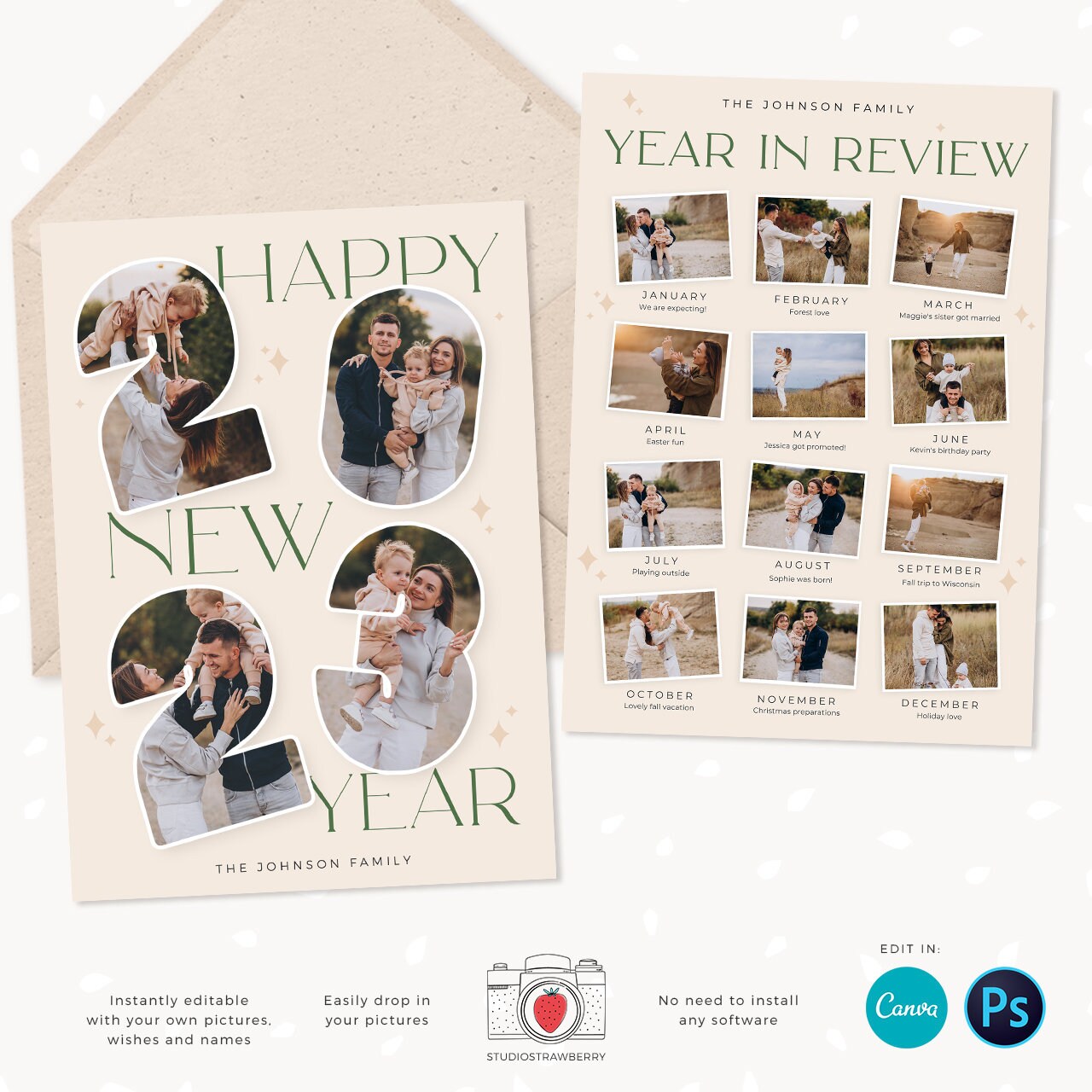 Year in review Christmas card template, 2022 monthly overview, Canva Year in review template monthly, Year in review holiday card, Pictures