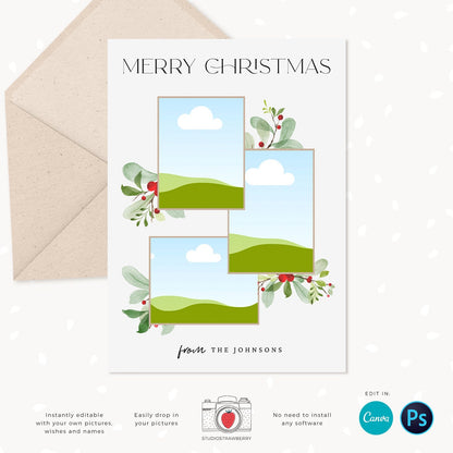 Christmas photo card template, Floral Christmas Card with Photo, Canva, Photo Holiday card, Christmas card with photo template, Merry