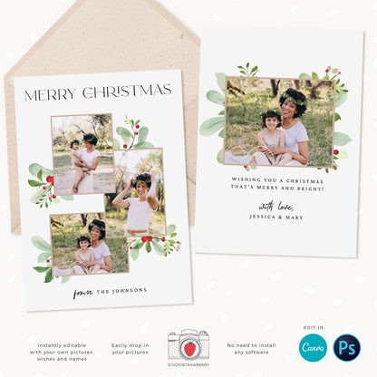 Christmas photo card template, Floral Christmas Card with Photo, Canva, Photo Holiday card, Christmas card with photo template, Merry