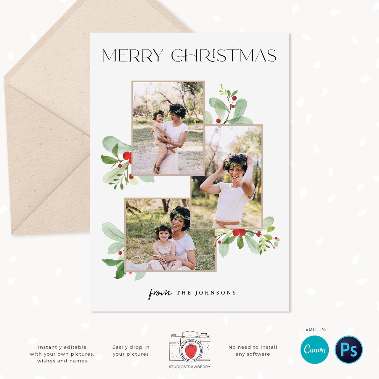 Christmas photo card template, Floral Christmas Card with Photo, Canva, Photo Holiday card, Christmas card with photo template, Merry