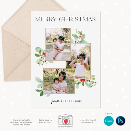 Christmas photo card template, Floral Christmas Card with Photo, Canva, Photo Holiday card, Christmas card with photo template, Merry