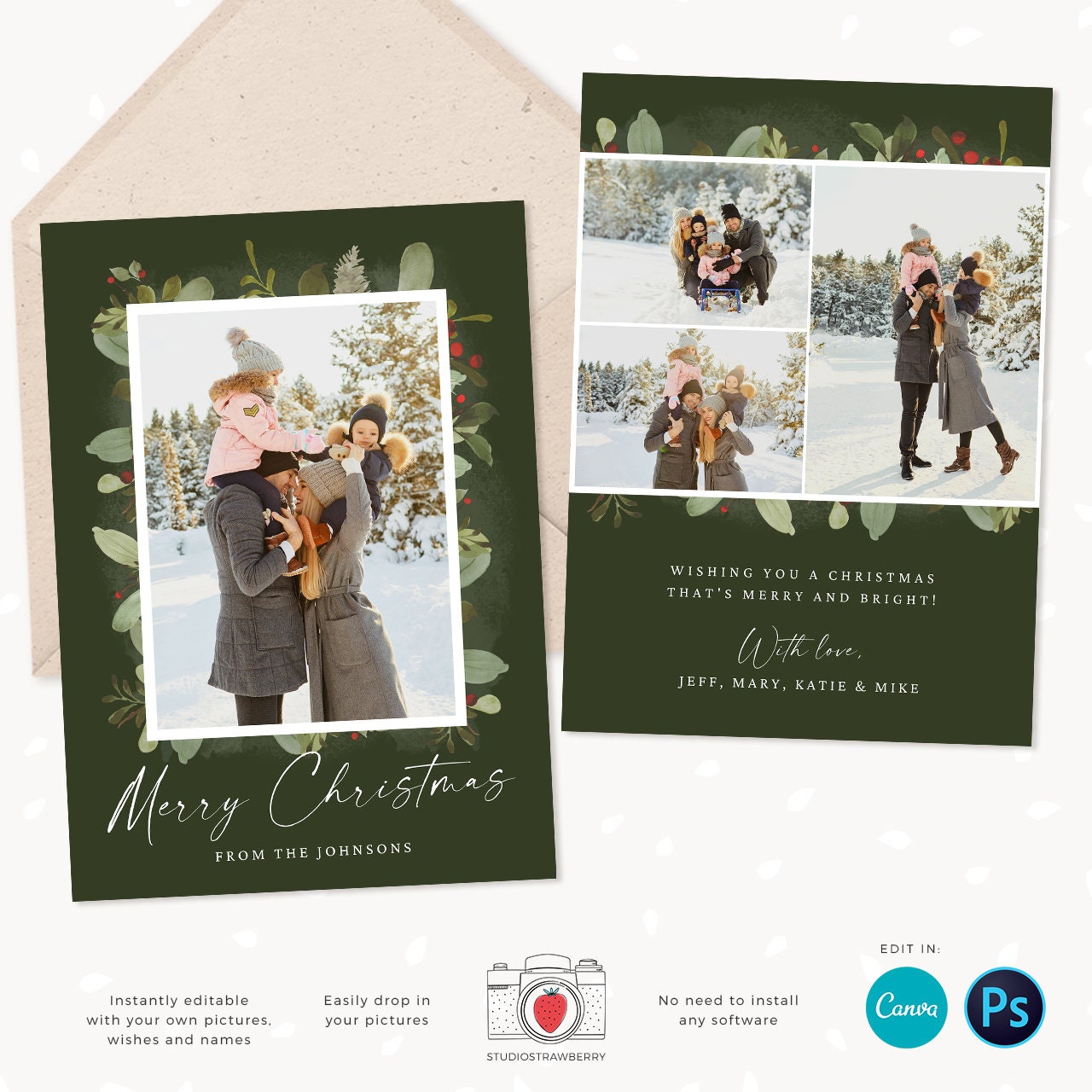 Christmas photo card template, Floral Christmas Card with Photo, Canva, Photo Holiday card, Christmas card with photo template, Merry