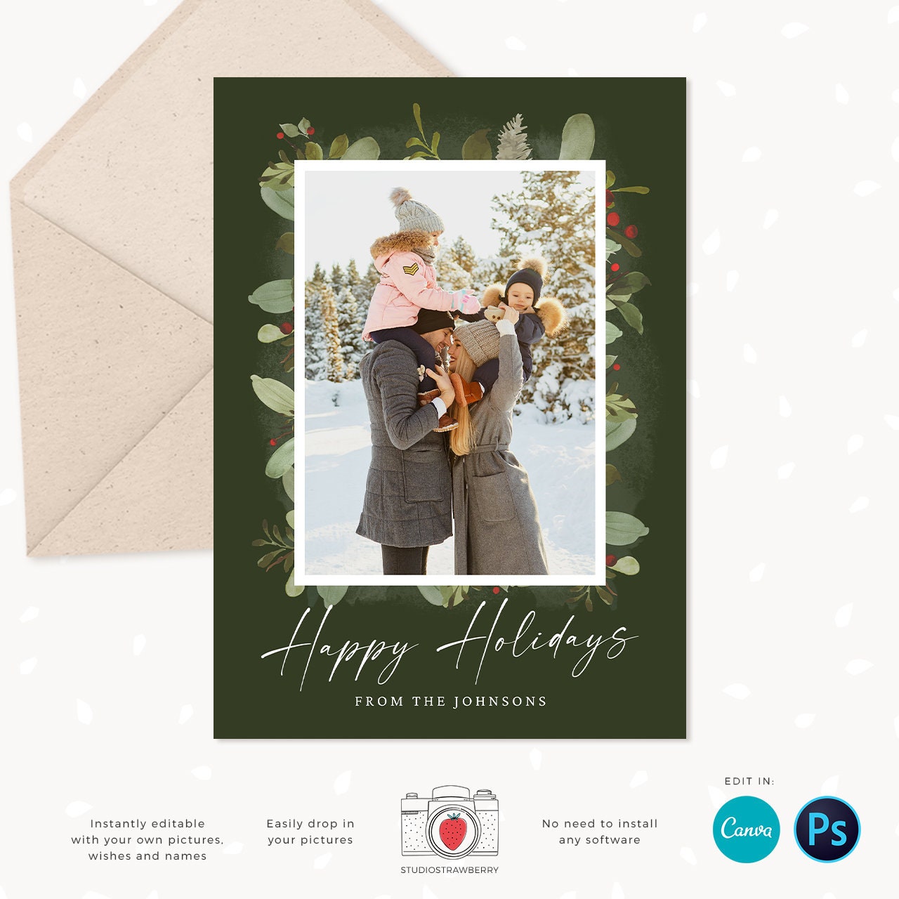 Christmas photo card template, Floral Christmas Card with Photo, Canva, Photo Holiday card, Christmas card with photo template, Merry