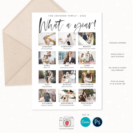 Year in review Christmas card template, 2022 monthly overview, Canva Year in review template monthly, Year in review holiday card, Xmas