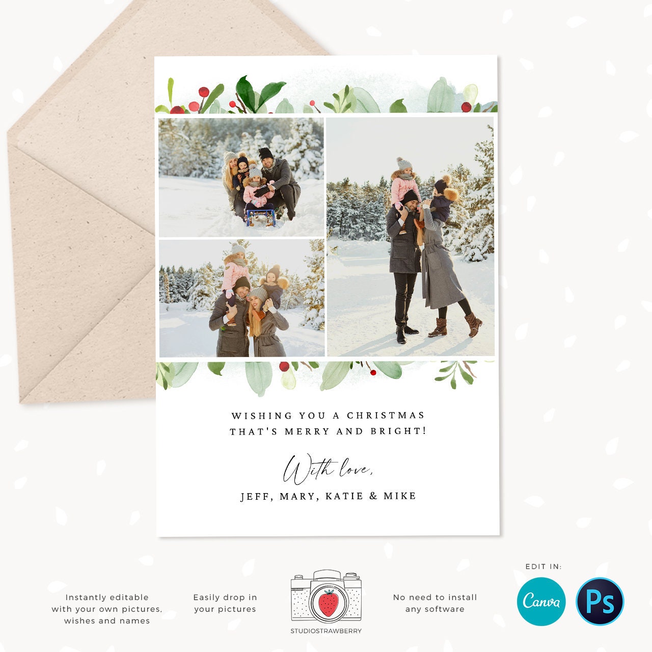 Christmas photo card template, Floral Christmas Card with Photo, Canva, Photo Holiday card, Christmas card with photo template, Merry