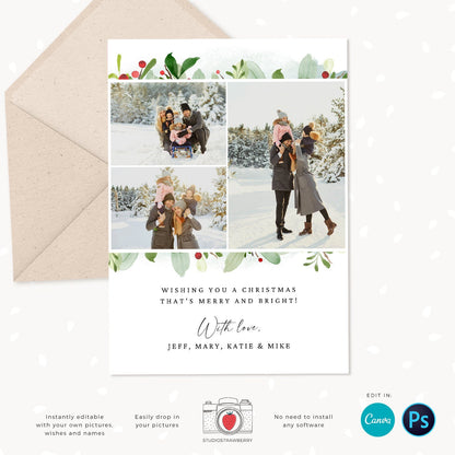 Christmas photo card template, Floral Christmas Card with Photo, Canva, Photo Holiday card, Christmas card with photo template, Merry