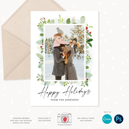 Christmas photo card template, Floral Christmas Card with Photo, Canva, Photo Holiday card, Christmas card with photo template, Merry