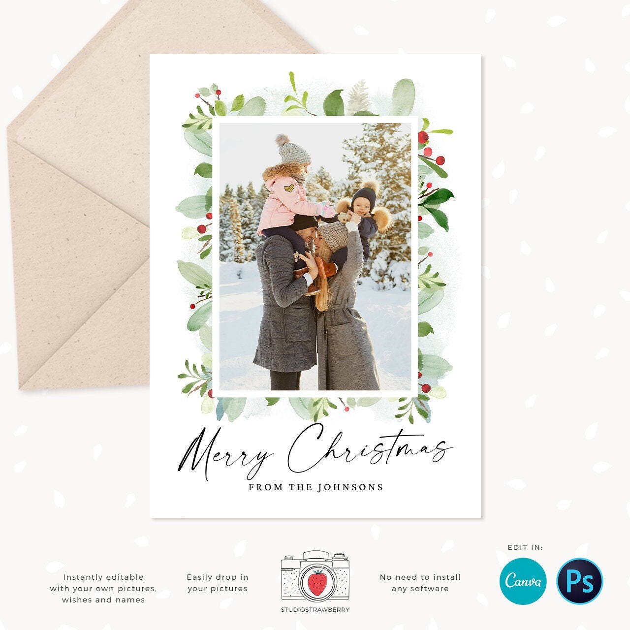 Christmas photo card template, Floral Christmas Card with Photo, Canva, Photo Holiday card, Christmas card with photo template, Merry