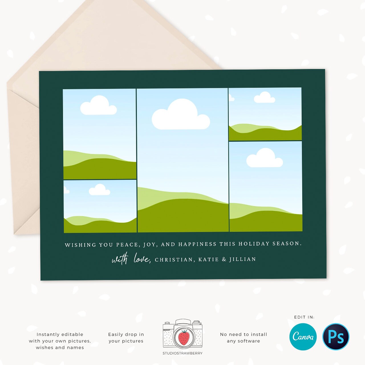 Christmas photo card template, Minimalist Christmas Card with Photo, Canva, Photo Holiday card, Christmas card with photo template, Merry