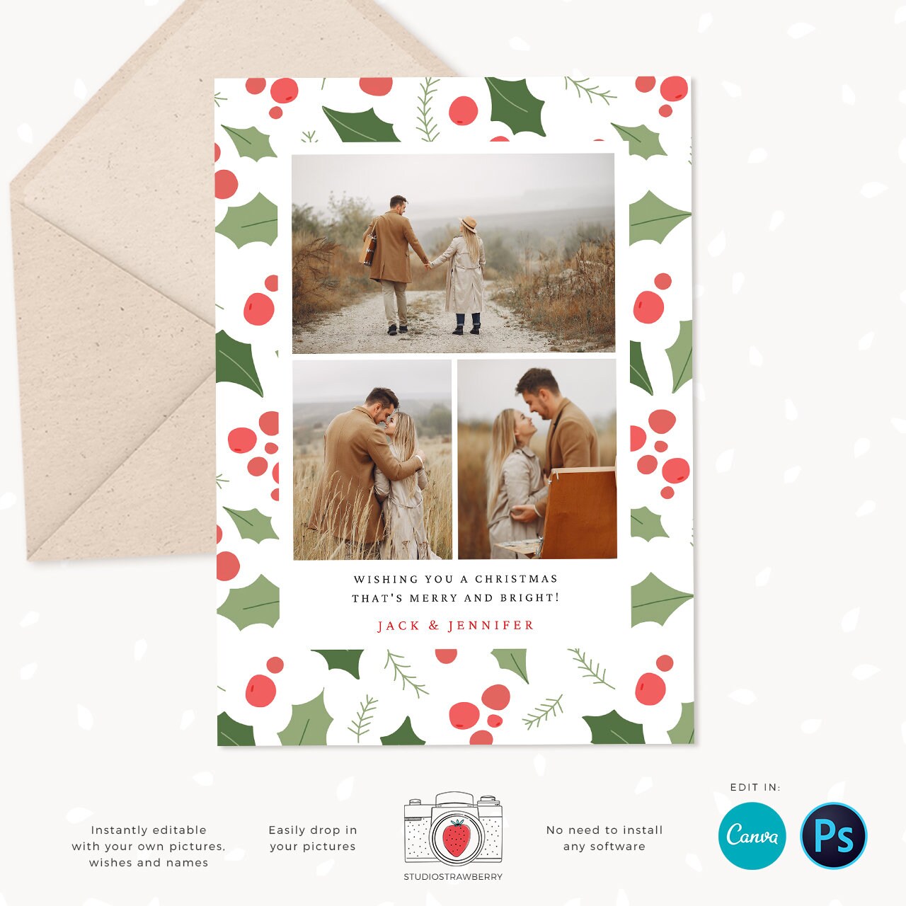 Christmas photo card template, Christmas Card with Photo, Canva, Photo Holiday card, Christmas card with photo template, Merry Christmas