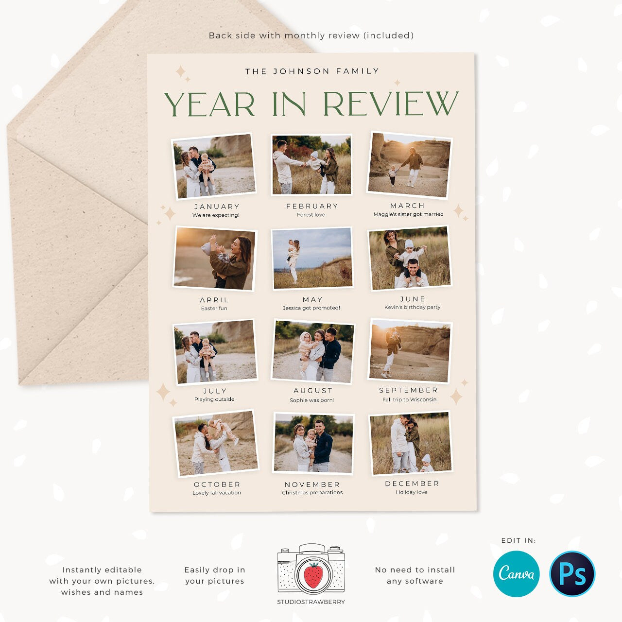 Year in review Christmas card template, 2022 monthly overview, Canva Year in review template monthly, Year in review holiday card, Pictures