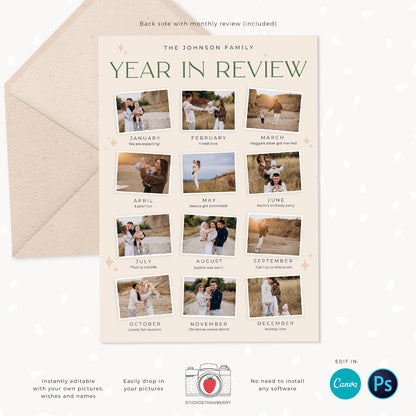 Year in review Christmas card template, 2022 monthly overview, Canva Year in review template monthly, Year in review holiday card, Pictures