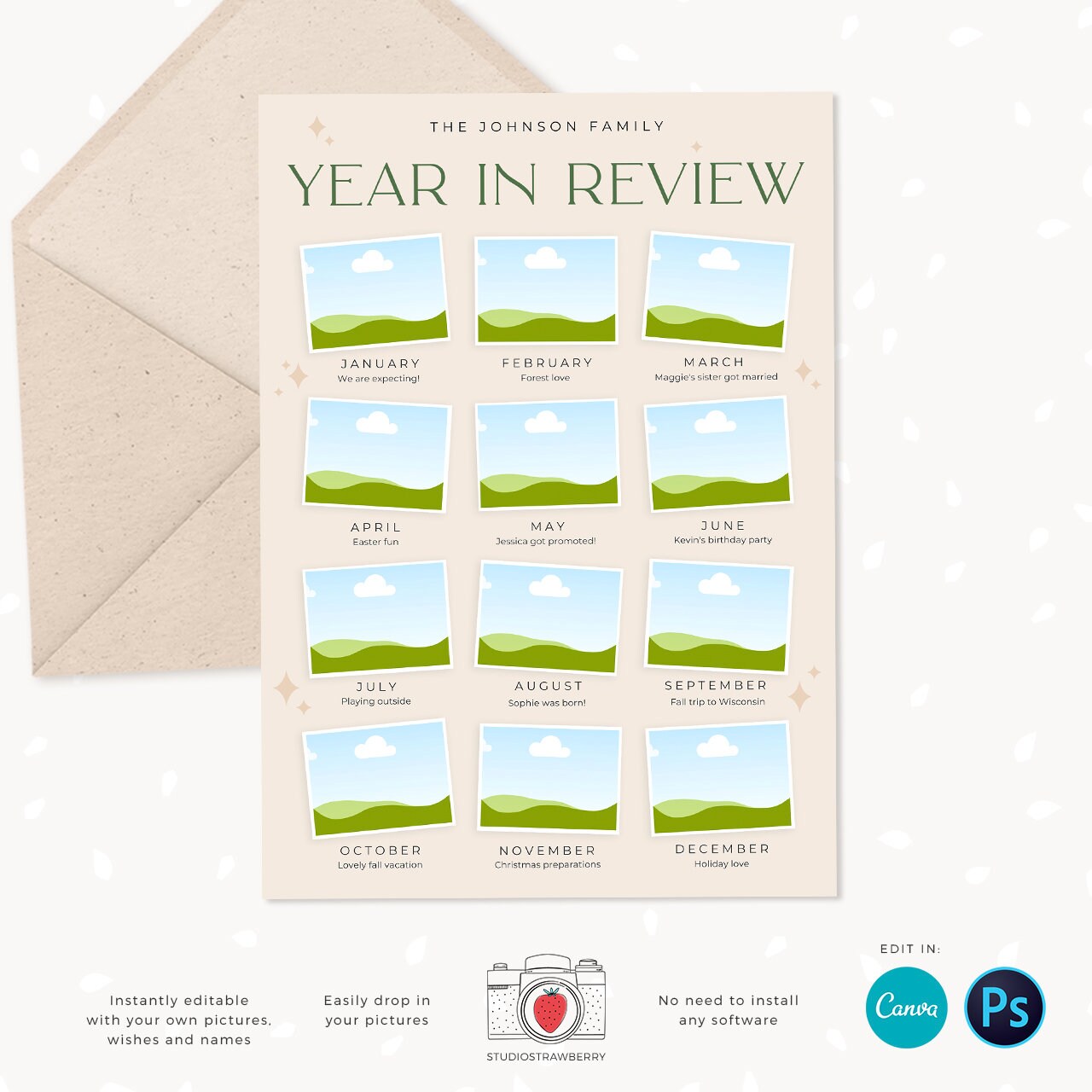 Year in review Christmas card template, 2022 monthly overview, Canva Year in review template monthly, Year in review holiday card, Pictures