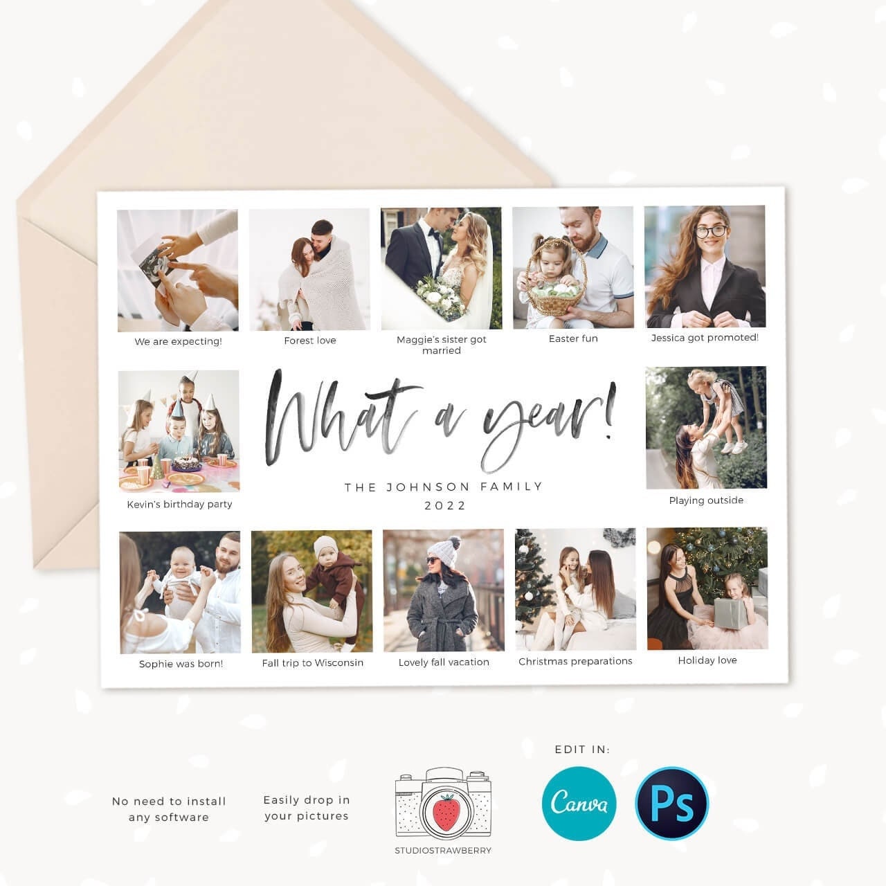 Year in review card template, Canva, 2022 collage, Year in review Christmas card template collage, Year in review holiday card 2022 Pictures