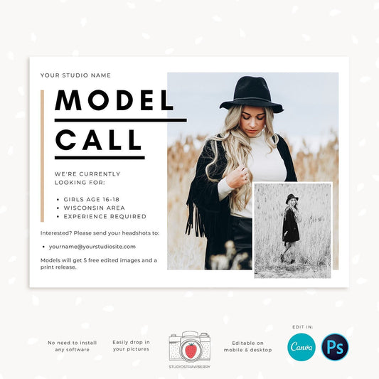 Model Call template, Photography casting call, Photography Model Call Template, Photography Model Call, Canva template, Photoshop template