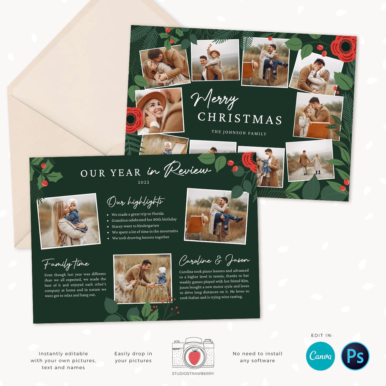 Year in review Christmas card template, 2022 monthly overview, Canva Year in review template monthly, Year in review holiday card, Pictures