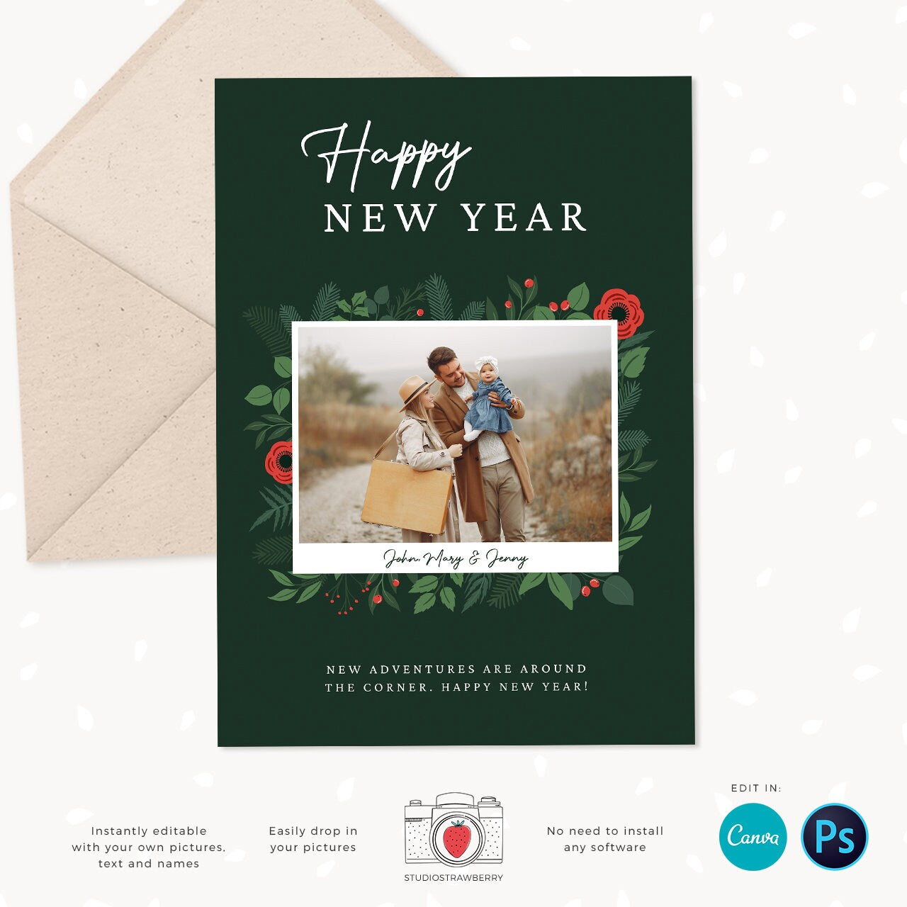 Year in review Christmas card template, 2022 overview, Canva Year in review template polaroids, Year in review holiday card, Floral Pictures