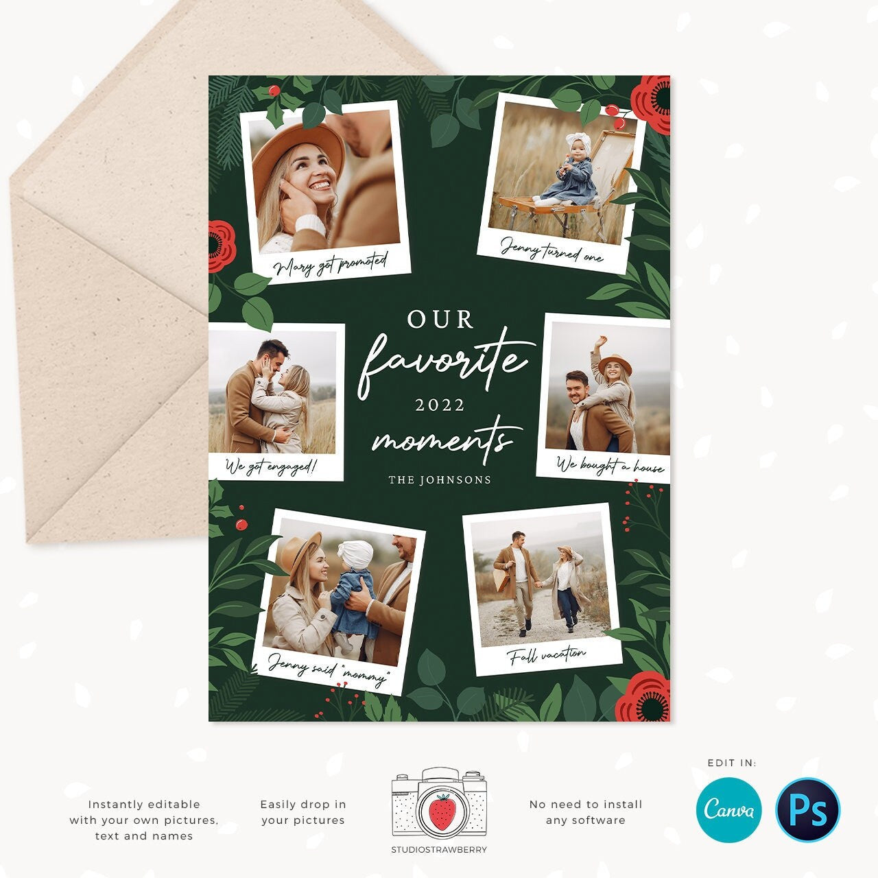 Year in review Christmas card template, 2022 overview, Canva Year in review template polaroids, Year in review holiday card, Floral Pictures
