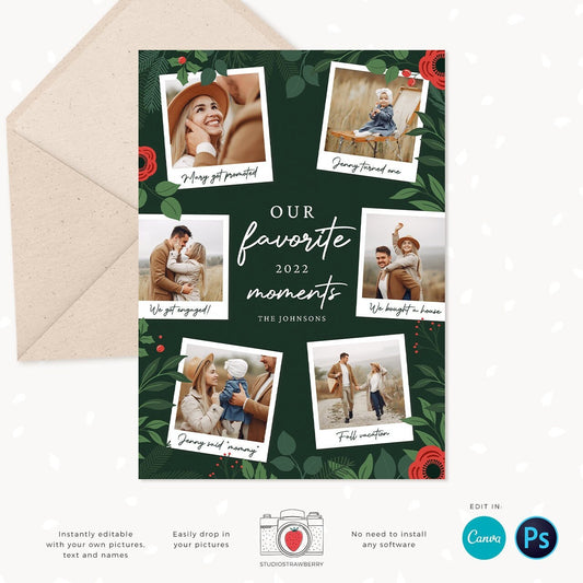 Year in review Christmas card template, 2022 overview, Canva Year in review template polaroids, Year in review holiday card, Floral Pictures
